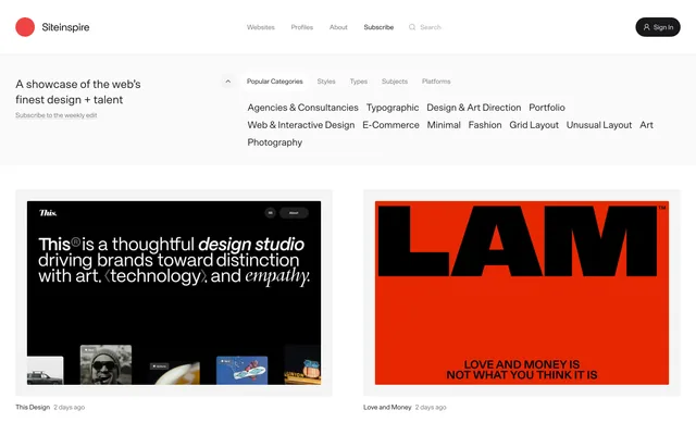 Screenshot of the Siteinspire website (siteinspire.com)